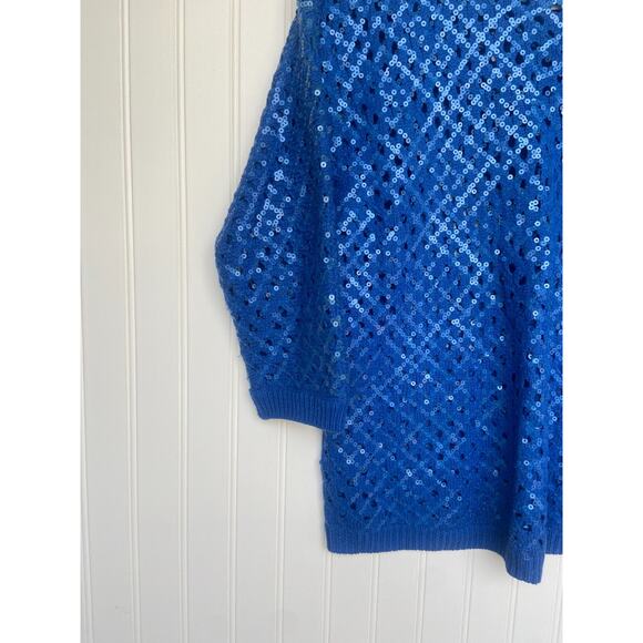 Chicos Sweater Women's Sz 1, Blue 3/4 Sleeve Kinetic Open Knit Sasha Sequins - Picture 2 of 5